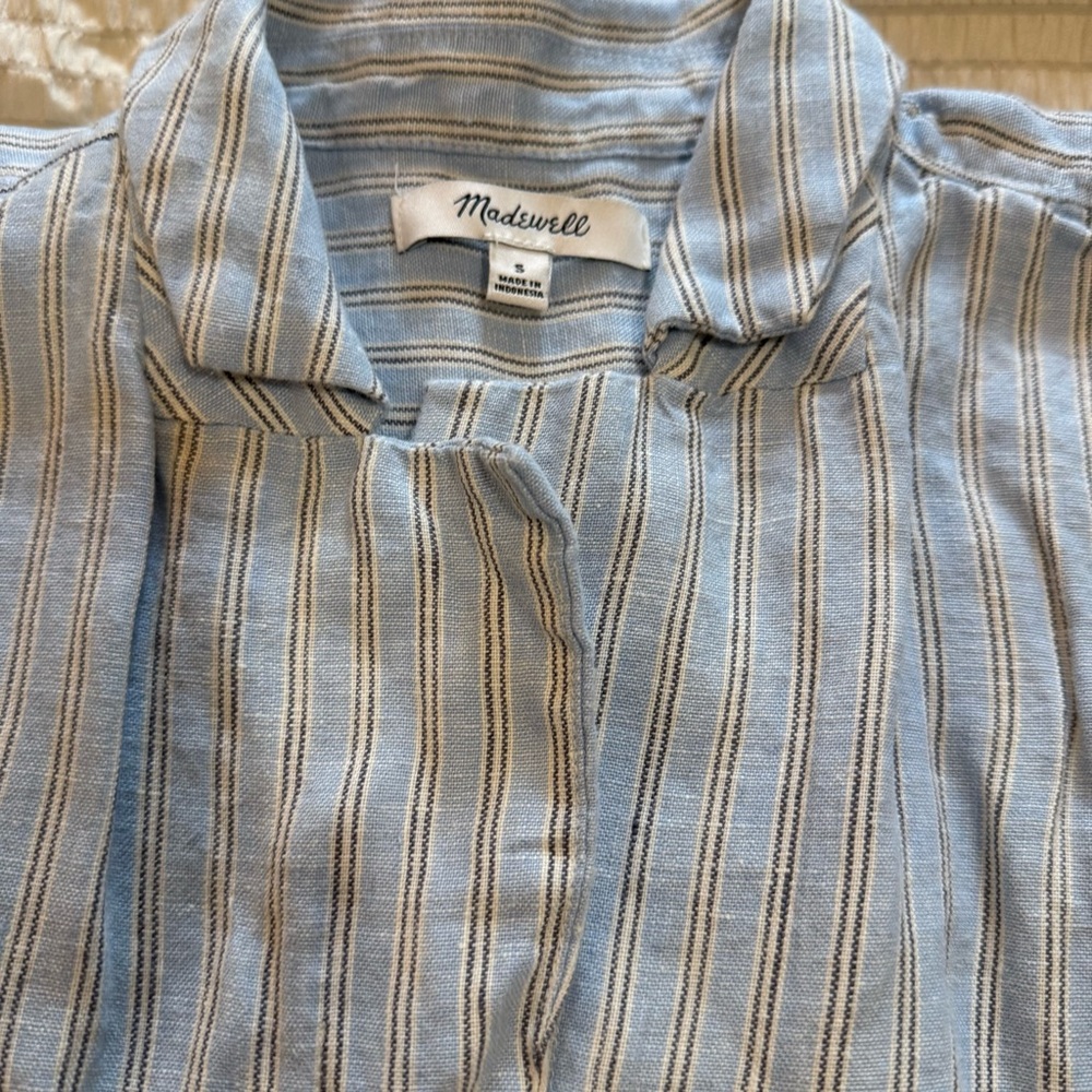Madewell Blue Linen Striped Boxy Button Front Blouse small - Picture 3 of 5